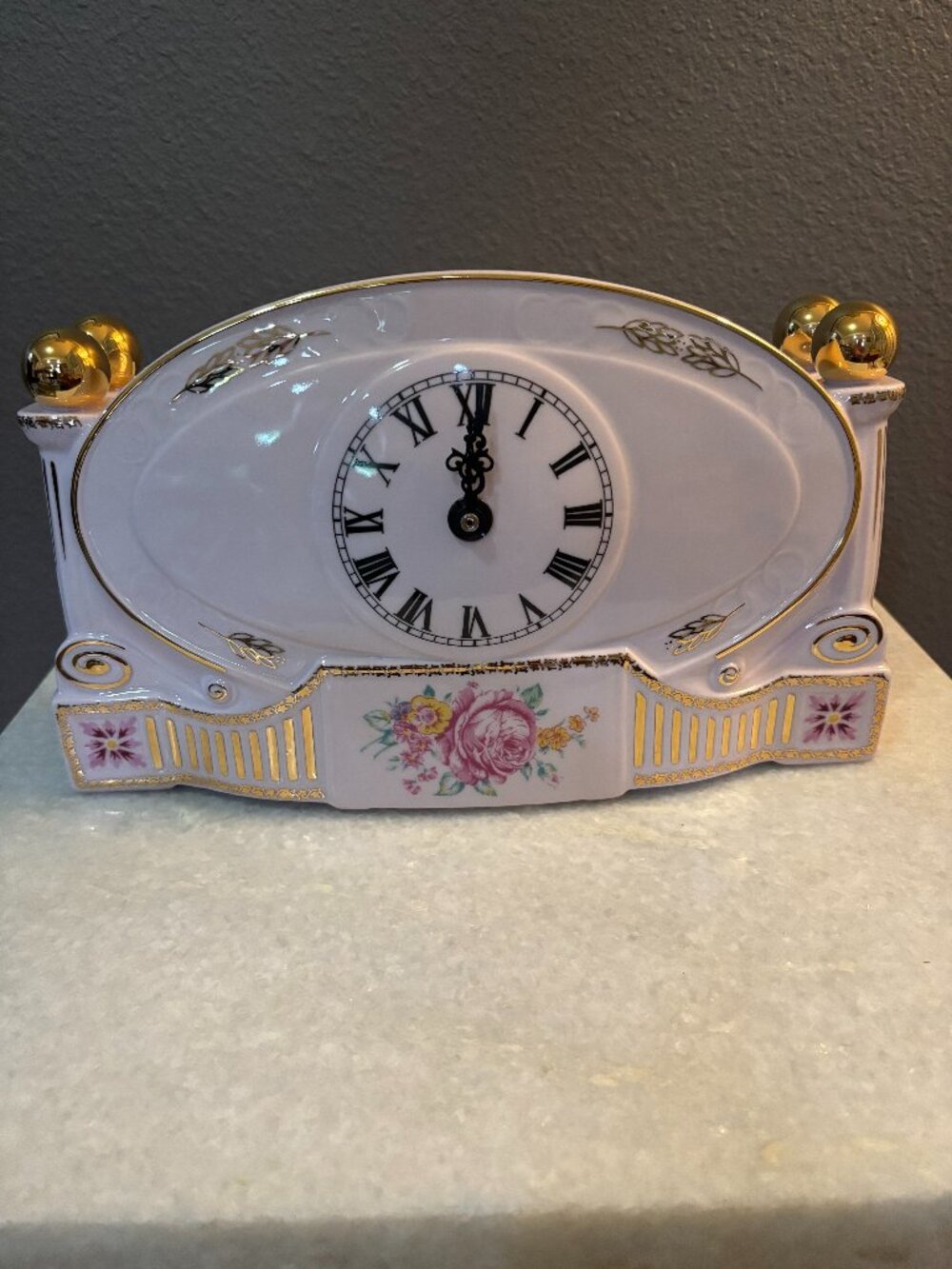 Vintage Pink Porcelain Mantle Clock Czechoslovakia Handpainted 1992 Paperwork